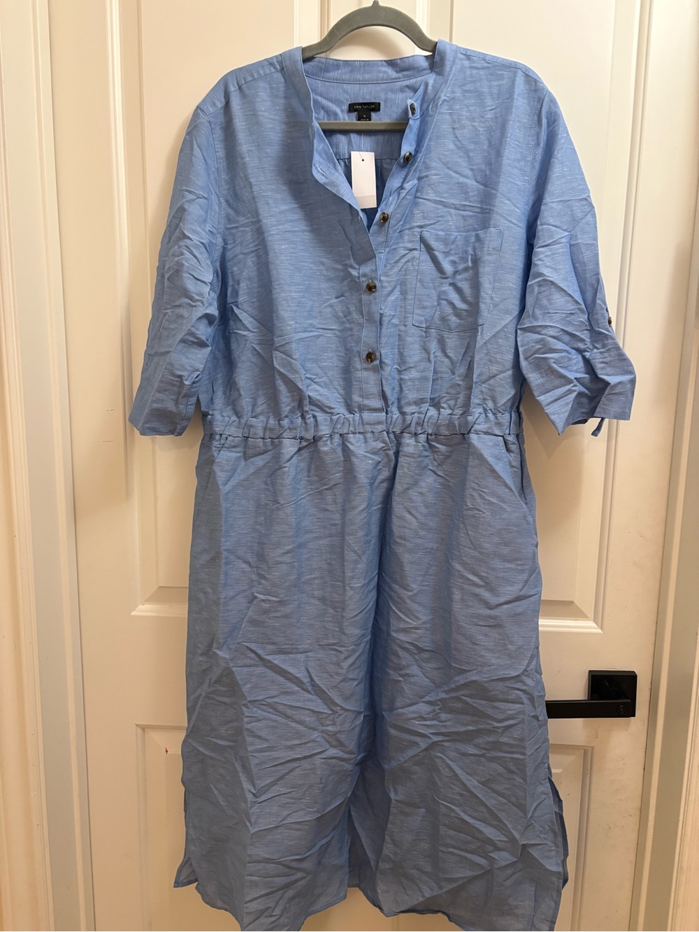 Ann Taylor Blue Button-Front Cotton Midi Shirt Dress